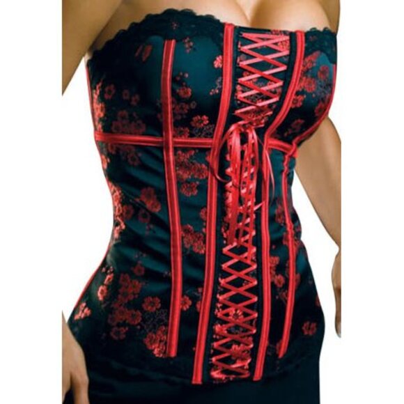 Black Red Asian Themed Jacquard Corset Set - NEW - Picture 1 of 9